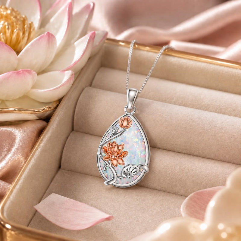 14K  White Gold Plated White Opal Flower Pendant Necklace Birthday Anniversary Jewelry Gifts for Women
