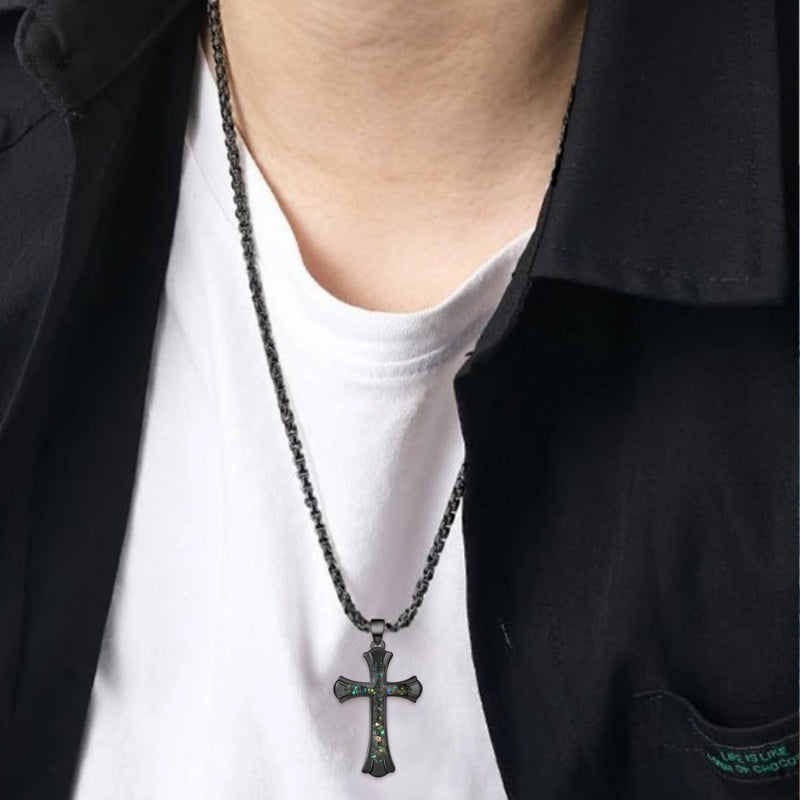 14K Gold Plated Turquoise Malachite Abalone Shell Cross Pendant Necklace for Men