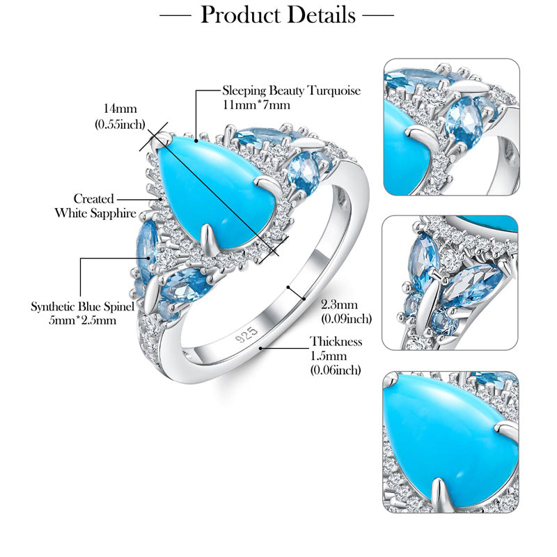 Sterling Silver Cushion Marquise Pear Round Oval Cut Turquoise Engagement Ring for Women