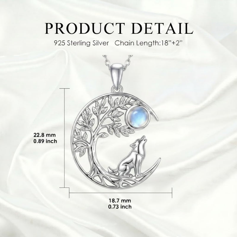 Sterling Silver Moonstone Tree of Life Wolf Cat Fox Rabbit Monkey Pendant Necklace Gift for  Birthday Christmas