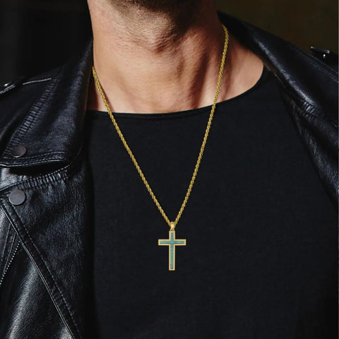 14K Gold Plated Turquoise Malachite Abalone Shell Cross Pendant Necklace for Men