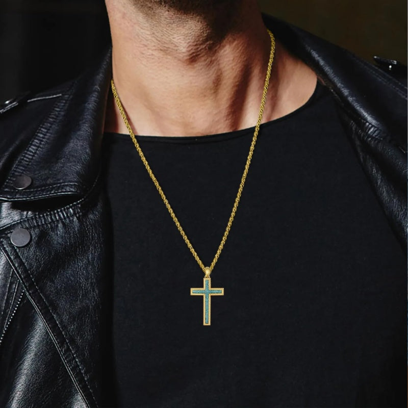 14K Gold Plated Turquoise Malachite Abalone Shell Cross Pendant Necklace for Men