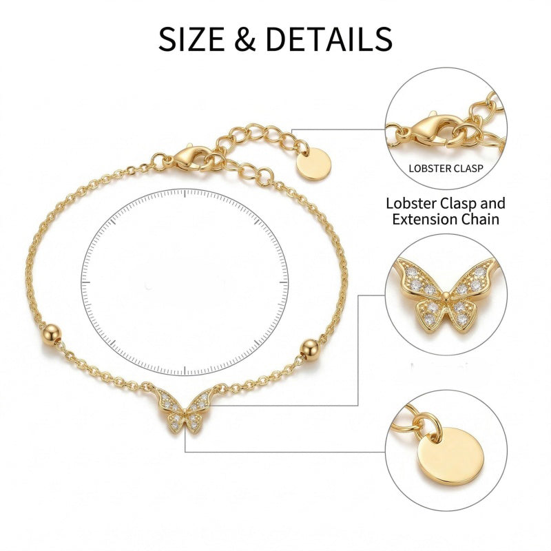 14K Gold  Plated Cubic Zirconia Butterfly Bracelet Adjustable Chain Bracelet for Her