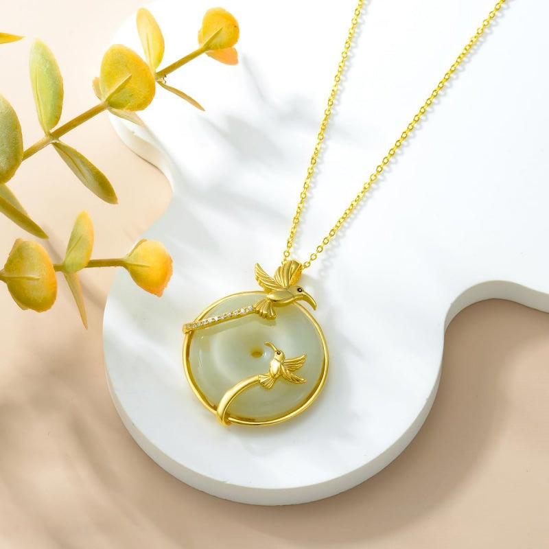 14K Gold Plated Natural Jade Hummingbird Cat Dragonfly Butterfly Bee Pendant Necklace for Women