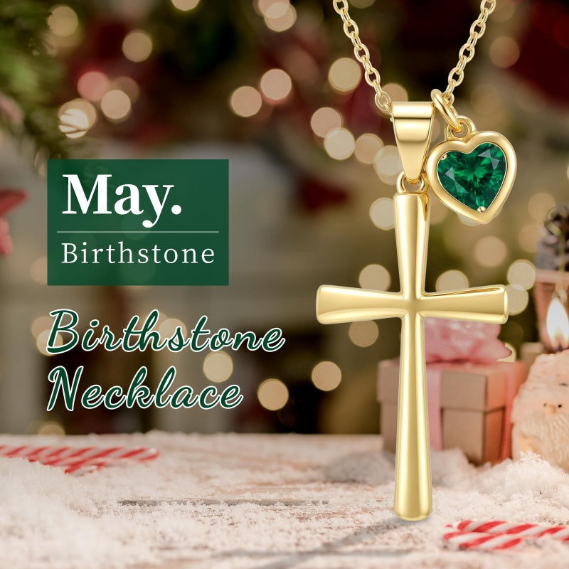14K Gold  Plated Birthstone Cross Faith Necklace for Women