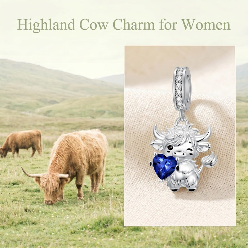 Sterling Silver 12 Month Birthstone Highland Cow Charm Beads