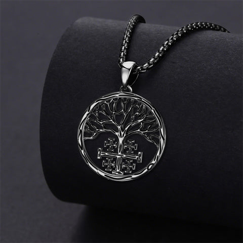 Sterling Silver Jerusalem Tree of Life Cross Religious Pendant Necklace