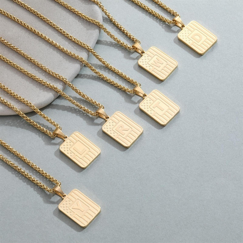 14K Gold Plated  American Flag Initial A-Z Pendant Necklace for Men