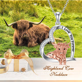 Sterling Silver Heart Highland Cow Pendant Necklace Engraved With I Love You forever