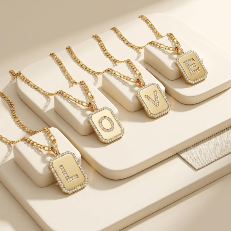 14K Gold Plated  Cubic Zirconia Initial Necklace Square Monogram Jewelry