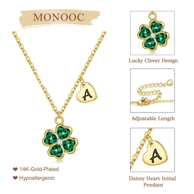 14K Gold Plated Initial Four Leaf Clover Pendant Necklace