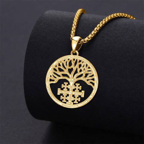 Sterling Silver Jerusalem Tree of Life Cross Religious Pendant Necklace