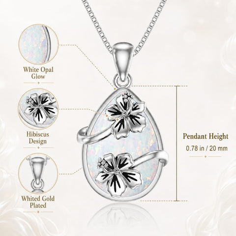 14K  White Gold Plated White Opal Flower Pendant Necklace Birthday Anniversary Jewelry Gifts for Women