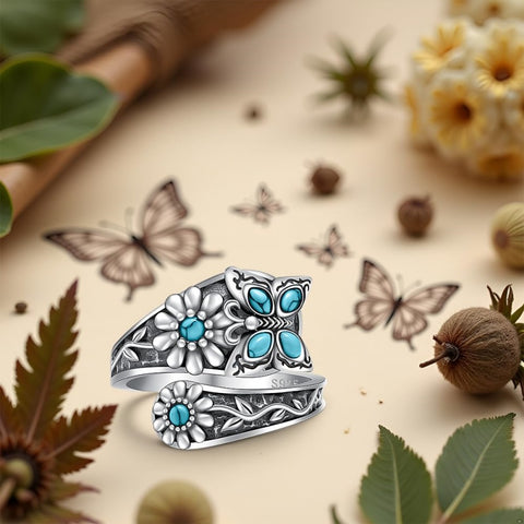 Sterling Silver Turquoise Hummingbird Butterfly Sunflower Adjustable Spoon Ring