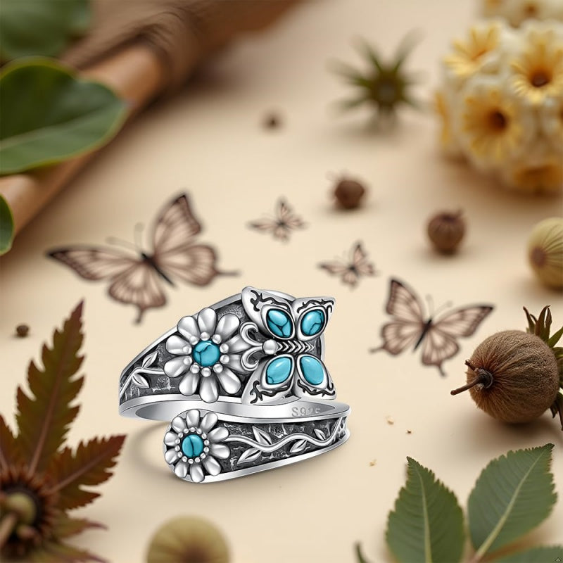 Sterling Silver Turquoise Hummingbird Butterfly Sunflower Adjustable Spoon Ring