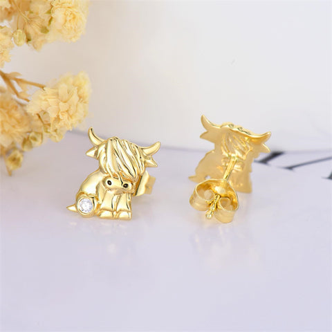 14K Gold Highland Cow Heart Stud Earrings