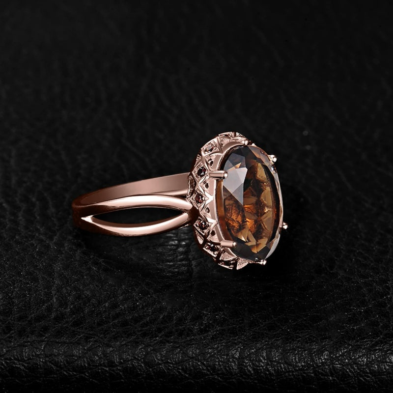14K Gold Plated  Oval Shape 3.7CT Genuine Smoky Quartz Cocktail Rings for Her