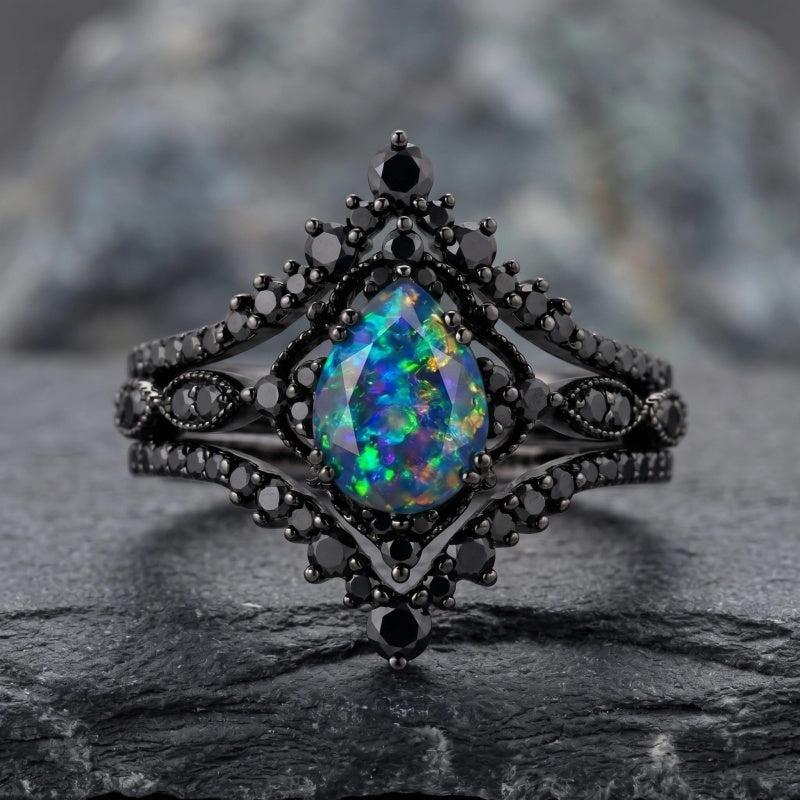 Sterling Silver 10K  14K  18K  Gold Personalized Engraved Black Opal Engagement Wedding Promise Ring for Her