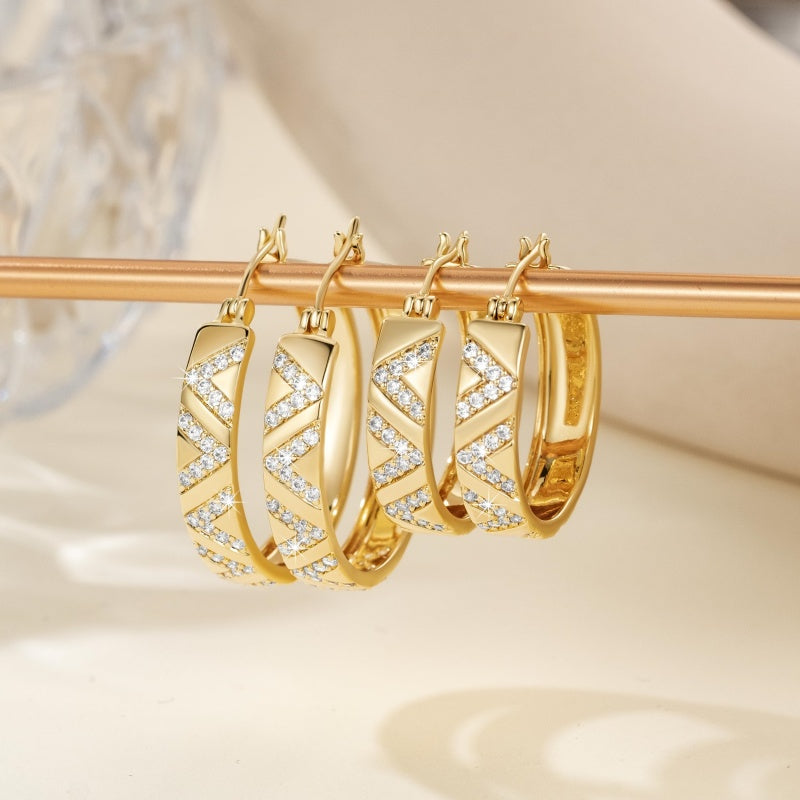 14K Gold Plated V-Shaped Cubic Zirconia Hoop Earrings for Women