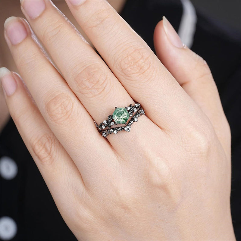 Sterling Silver 10K 14K 18K Gold Vintage Nature Moss Agate Engagement Ring Sets for Women
