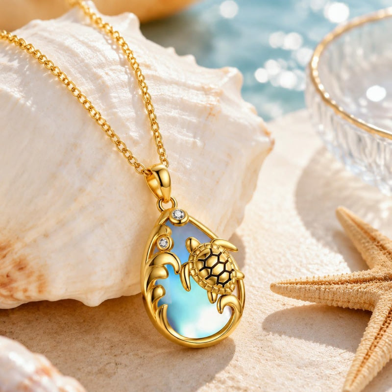 14K Gold Plated Moonstone Octopus Sea Turtle Conch Shell Starfish Seashell Ocean Necklace for Women