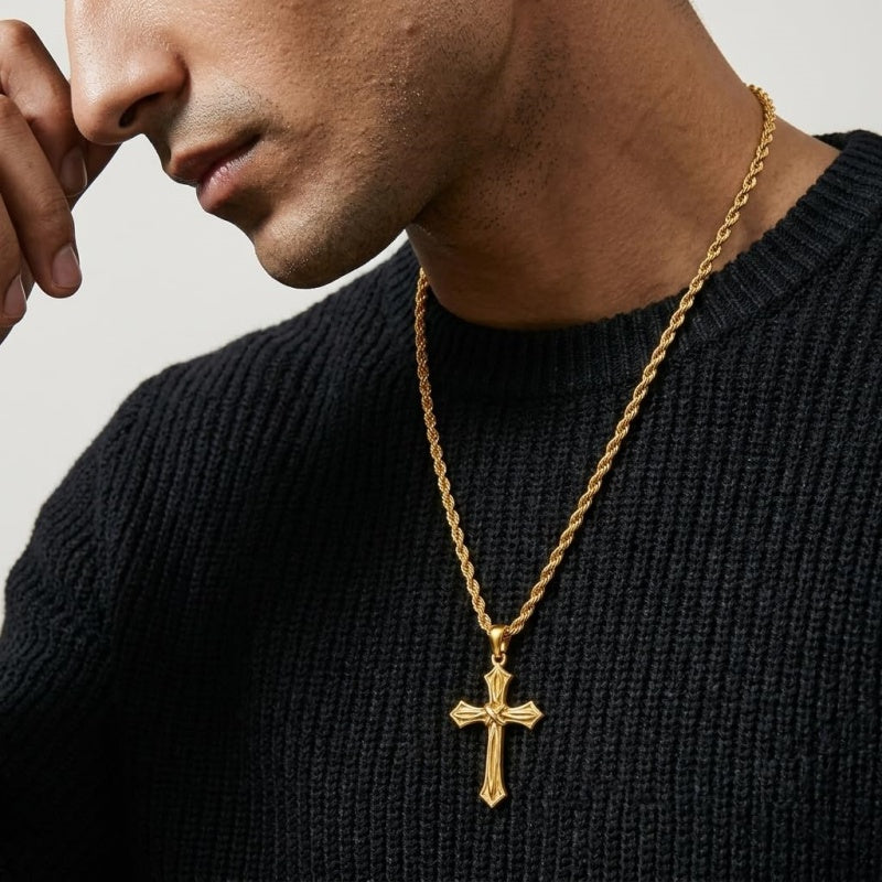 14K Gold Plated Cross Pendant Necklace for Men Religious Jewelry Christian Gift
