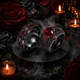 Sterling Silver 10K 14K 18K Gold Personalized Engraved  Halloween Dark Red Gemstone Couple Ring Set