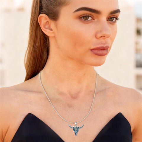 Sterling Silver Turquoise Cow Skull Pendant Necklace