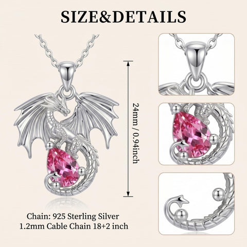 Sterling Silver Dragon Birthstone Necklace Jewelry Gifts for Dragon Lovers, Birthday Anniversary