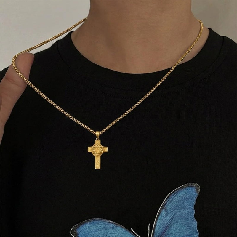 14K Gold Plated Cross Pendant Necklace for Men Religious Jewelry Christian Gift