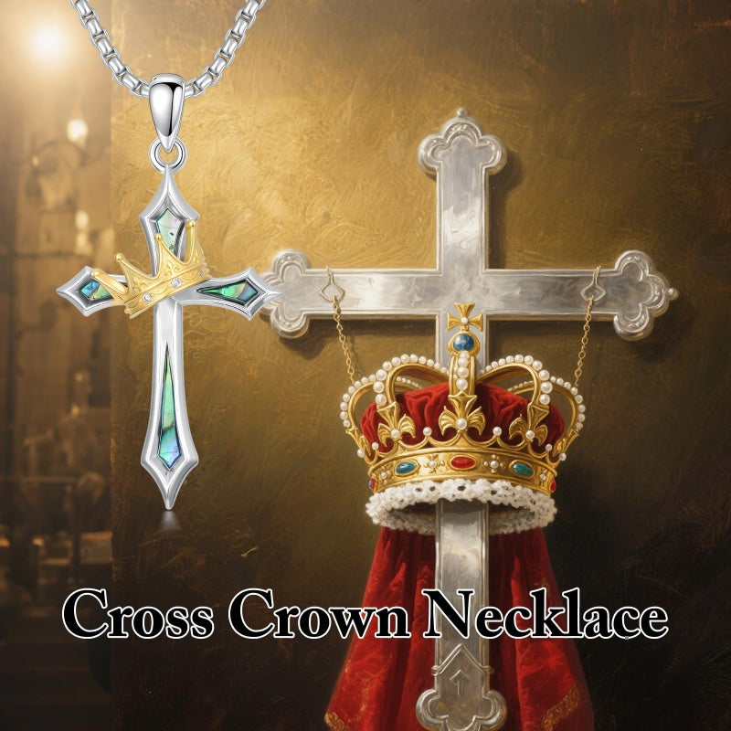 Sterling Silver Cross with Crown Pendant Necklace Religion Jewelry for Birthday Anniversary Day Christmas