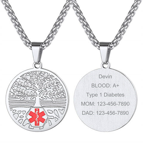 Stainless Steel Customized Engraved Tree of Life Supcare Medical Alert Pendant Necklace