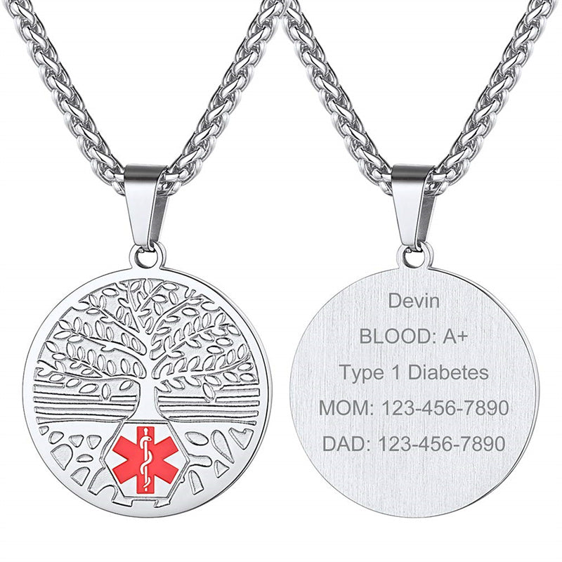 Stainless Steel Customized Engraved Tree of Life Supcare Medical Alert Pendant Necklace