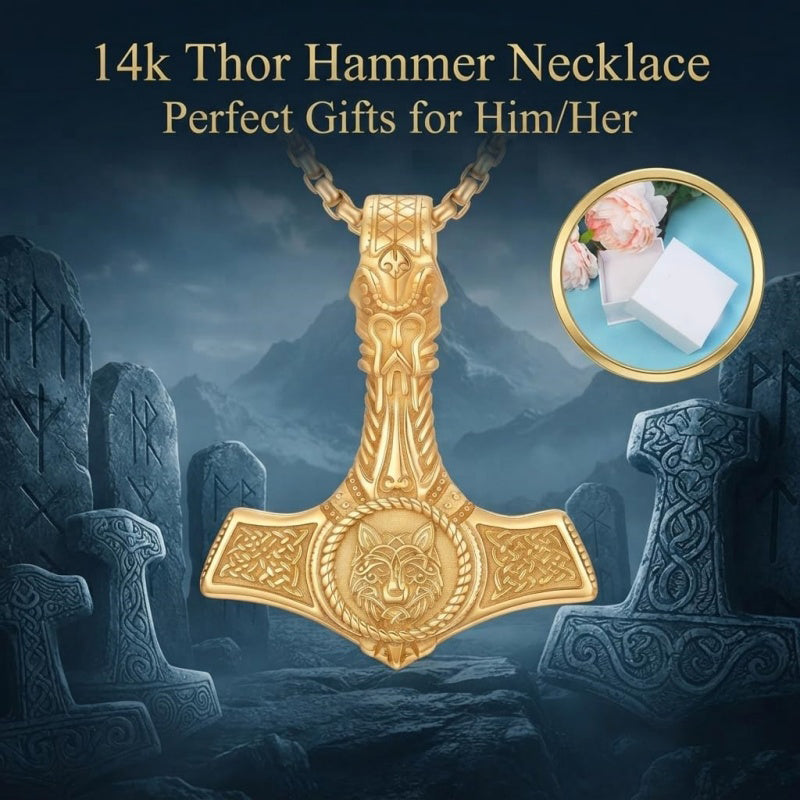 14K Gold Plated Celtic Knot Viking Thor Hammer Pendant Necklace