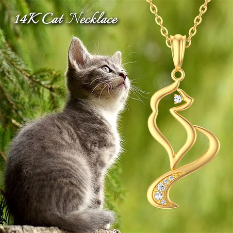 14K Yellow Gold Cubic Zirconia Cat Pendant Necklace