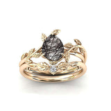 Sterling Silver 10K 14K 18K Personalized Engraved 2CT Natural Black Rutilated Quartz Engagement Ring Set