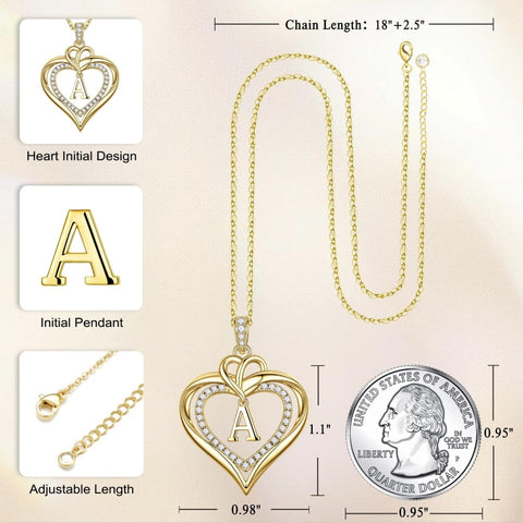 14K Gold Plated Initial Double Heart Pendant Necklace Anniversary Birthday Gifts for Women
