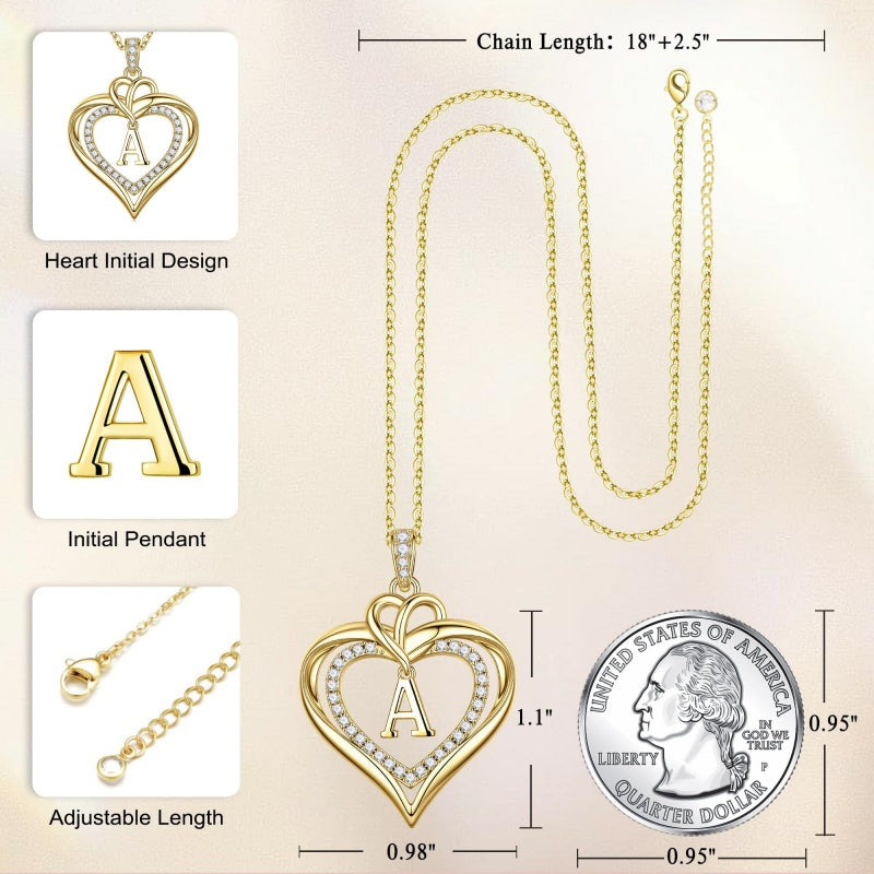 14K Gold Plated Initial Double Heart Pendant Necklace Anniversary Birthday Gifts for Women