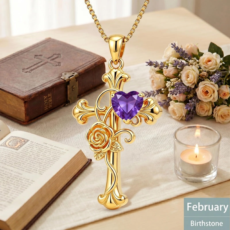14K Gold Plated Heart Shape Birthstone Rose Flower Cross Necklace for Women  Religious Christian Jewelry