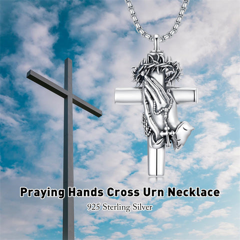 Sterling Silver Crown of Thorns Serenity Prayer Cross Urn Necklace for Ashes