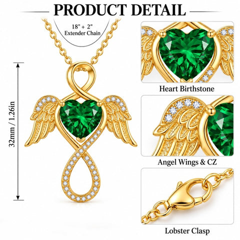 14K Gold Plated 12-Month Birthstone Infinity Angel Wings Pendant Necklace for Women