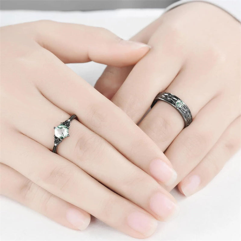Sterling Silver 10K 14K 18K Gold Natural Leaf  Moss Agate Engagement Anniversary Couple Ring Sets