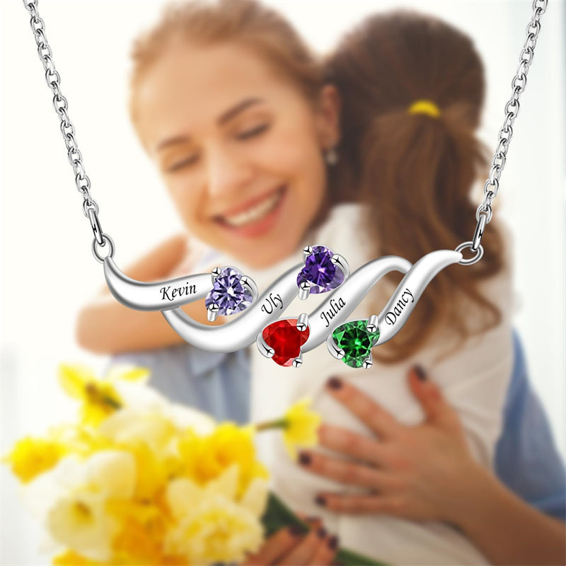 Sterling Silver Personalized Birthstone Name Wave Pendant Family Necklace