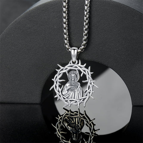Sterling Silver Crown of Thorns Jesus St Benedict St Michael Pendant Necklace