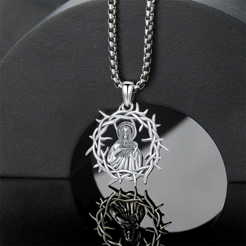 Sterling Silver Crown of Thorns Jesus St Benedict St Michael Pendant Necklace