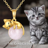 14K Yellow Gold Moonstone Rose Quartz  Cat Pendant Necklace