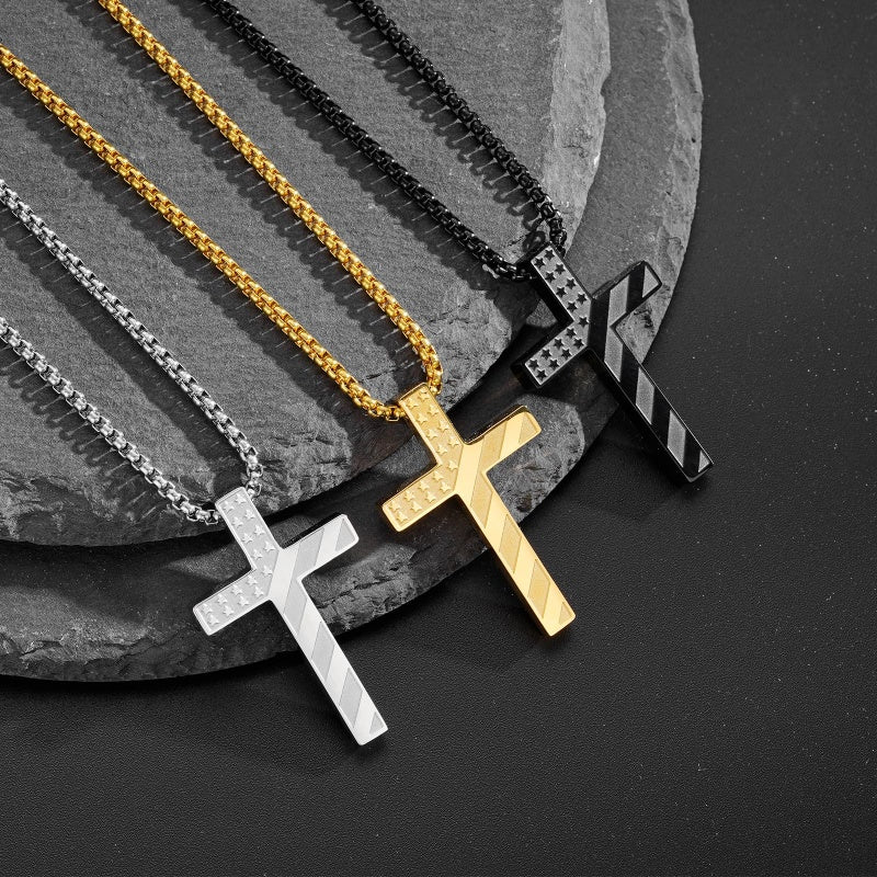 14K Gold Plated Bible Verse American Flag Cross Necklac for Men