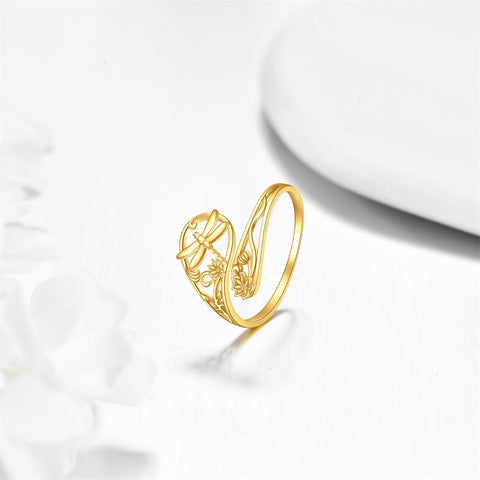 14k Yellow Gold Adjuatable Spoon Dragonfly Butterfly Hummingbird Animal Ring