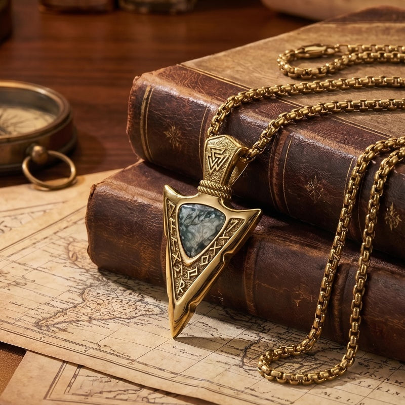 14K Gold Plated Moss Agate Turquoise Valknut Viking Arrow Head Pendant Necklace for Men