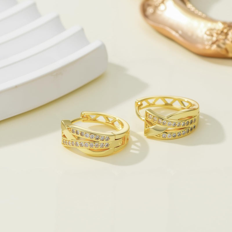 14K Gold Plated Cubic Zirconia X-shaped Thick Small Hoop Earring